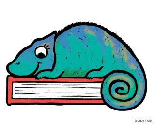cartoon image of chameleon curled up on book